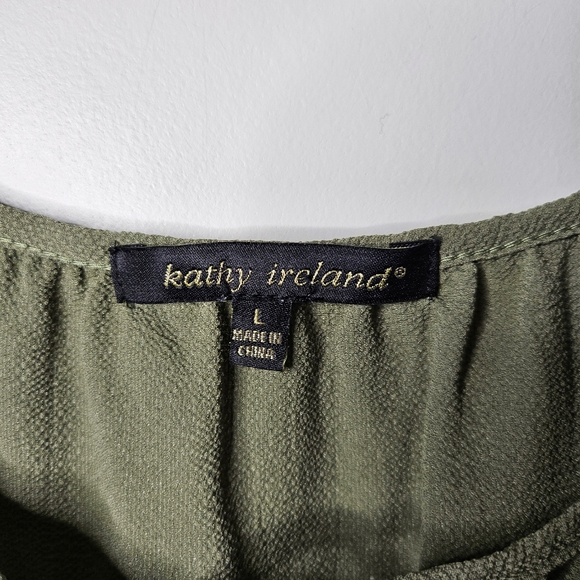Kathy Ireland Olive Green Peasant Blouse Elastic Long Sleeves Tie Neck Large - Picture 5 of 10